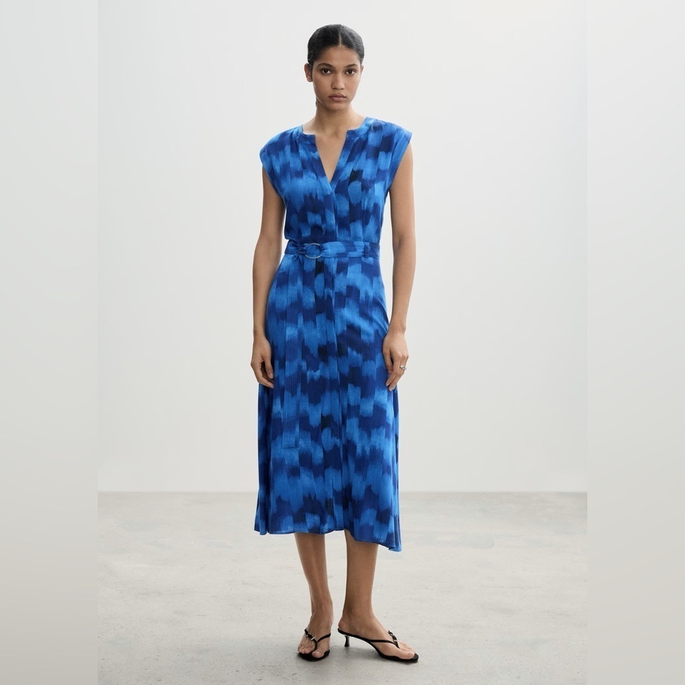 Mango Blue belt printed dress NWT